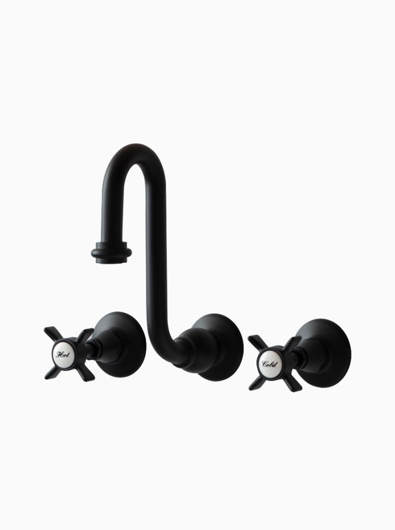 Smithfield Swan Neck Wall 3 Hole Basin Mixer Black