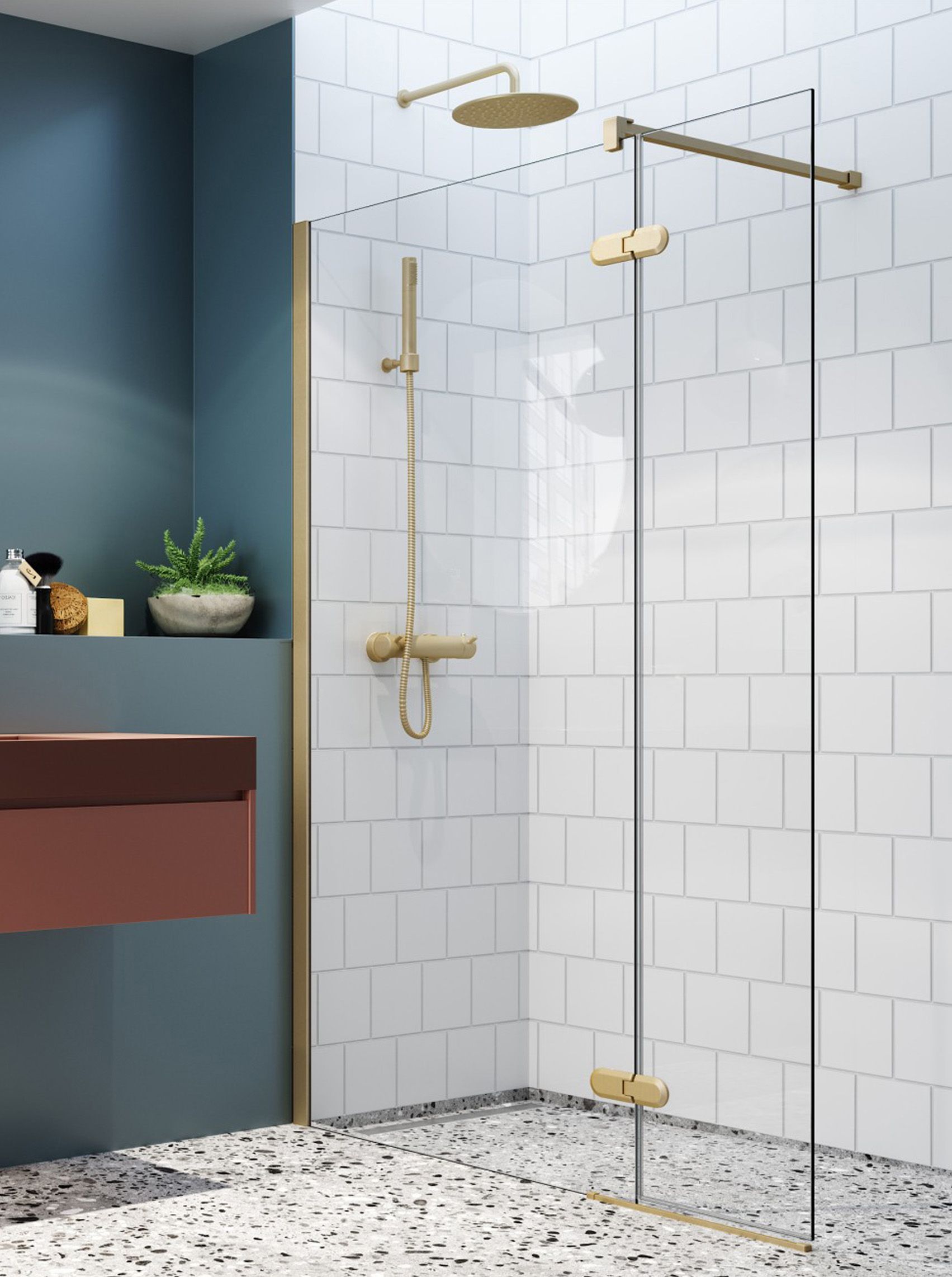 Upsala - Frameless Shower Screen with Hinged Panel - Clear Glass - Left Hand - Brushed Brass