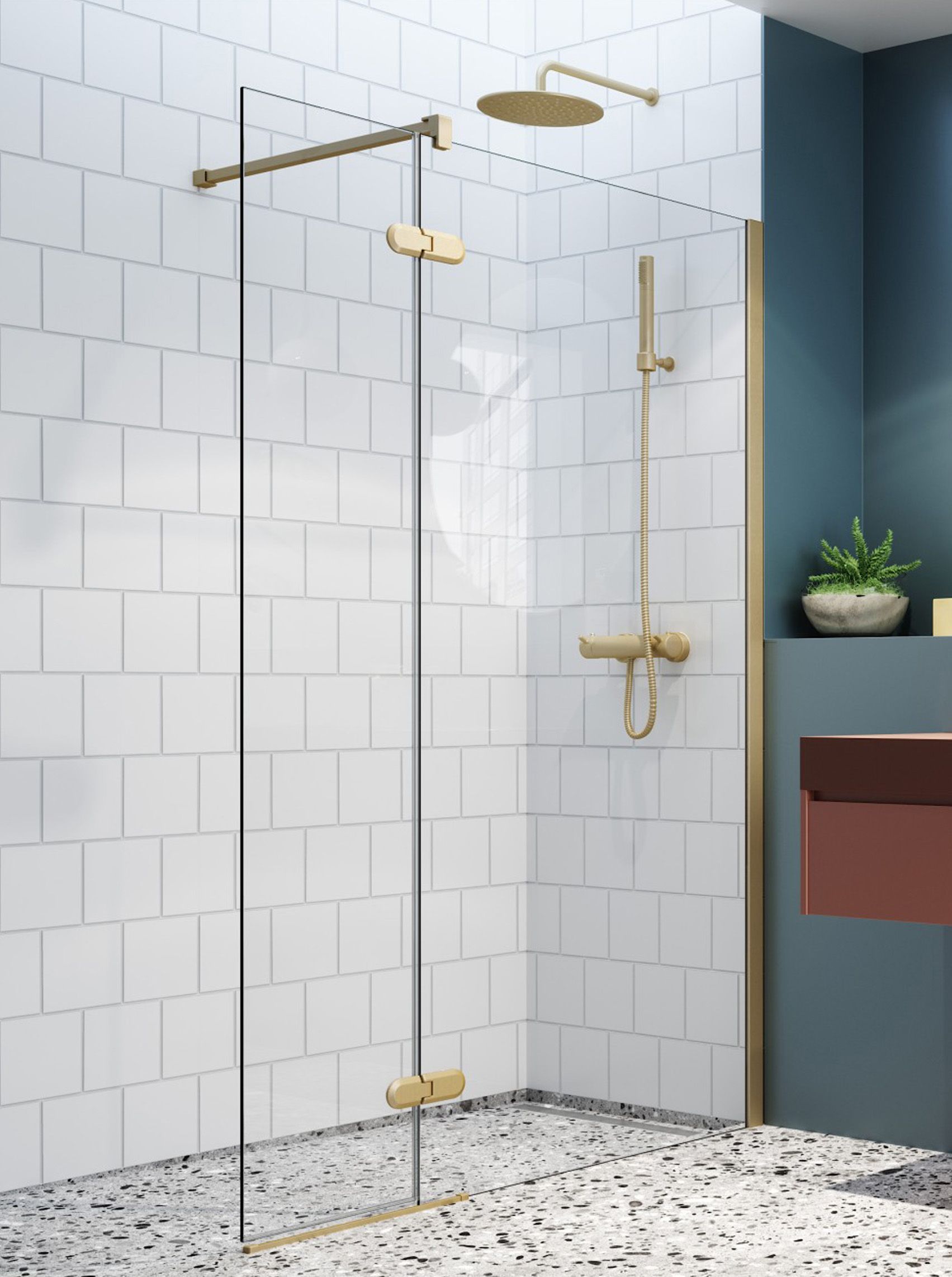 Upsala - Frameless Shower Screen with Hinged Panel - Clear Glass - Right Hand - Brushed Brass