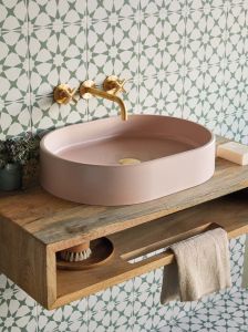 Beton Oval Basin - Bora Rose with Discotheque Ultravox porcelain tiles, Bournbrook brass taps and Toledo washstand.