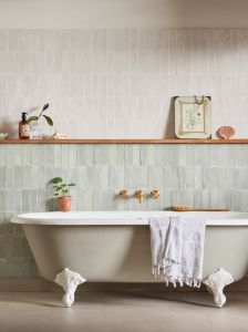 Fellini Oliva and Bianco 5.2x16cm Glazed Brick Wall Tiles, Conchology Sand 60x60 floor tiles, Washington Bath and Bournbrook brass taps