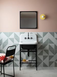 Smithfield 60cm basin and stand in matt black with Smithfield taps, Semaphore Hunley, East Haven marble tiles and Kate Blush paint