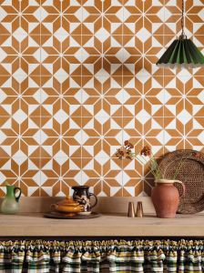 Superstar Visage Handmade Encaustic Wall and Floor Tile with White and Orange Decorated Pattern