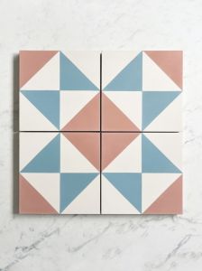 Yazoo Alison Handmade Encaustic Wall and Floor Tile with White, Pink and Blue Decorated Pattern